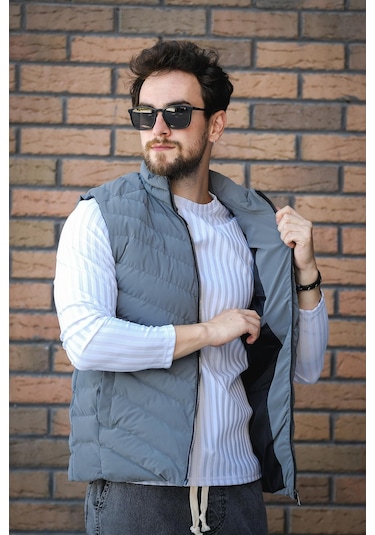 Faxy Cepli Dik Yaka Nova Parlak Kumaş Erkek Şişme Yelek Antrasit