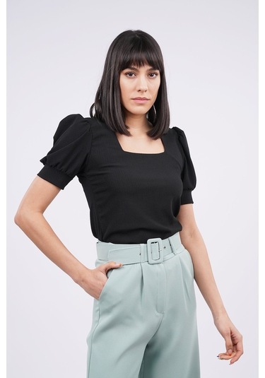 Gabria Kadın Kare Yaka Örme Bluz Siyah