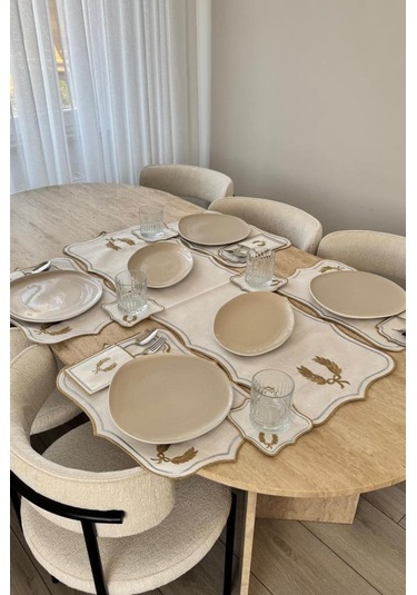 Edalım Keten Nakışlı Amerikan Servis Takımı 19 Parça Krem