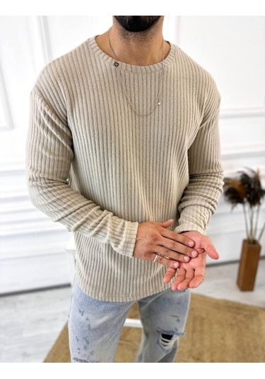 Uzun Kollu Tişört Fitilli Bisiklet Yaka Yumuşak Dokulu Tüylenmez Pamuklu Kazak Sweatshirt Krem