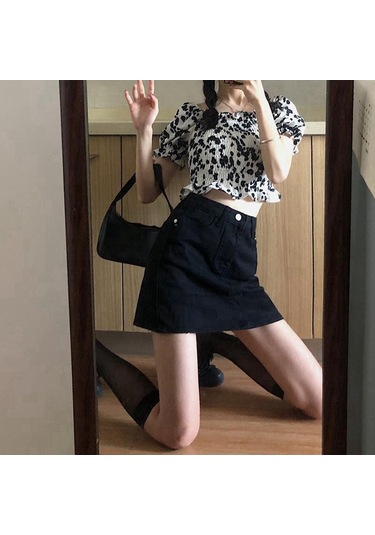 Siyah Yaz Retro Basit Yüksek Bel Kot Etek Kadın Evaze Elbise Moda Yarım Uzunlukta Rahat Kısa Kot Pantolon Etek Siyah