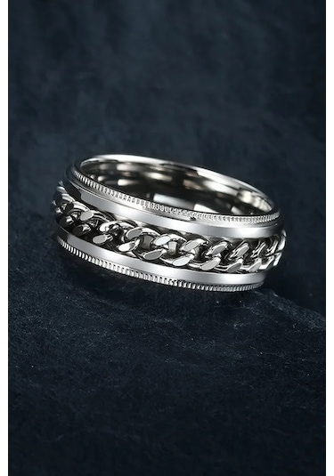 Ortası Dönebilen Zincirli Erkek Kadın Anti-stres Çelik Alyans Yüzük Cl43 Gümüş - Gri