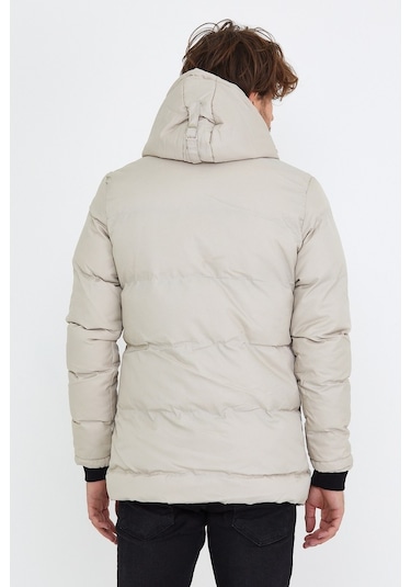 Erkek Taş Dar Kesim Kapüşonlu Dik Yaka Şişme Mont & Kaban-Taş