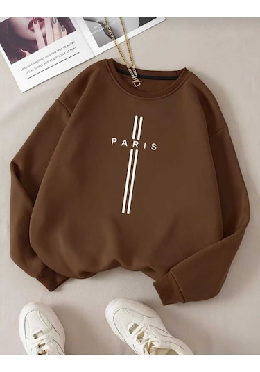 Kozia Outdoors Paris Dikey Baskılı Oversize Unisex O Yaka Sweaşhirt Kahverengi Kahverengi
