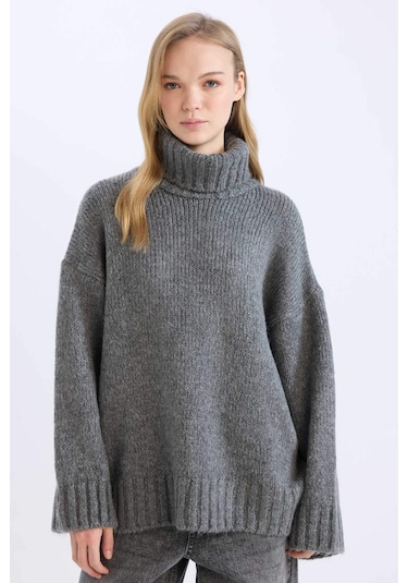 DeFacto Oversize Geniş Kalıp Balıkçı Yaka Basic Düz Triko Kazak Tunik A6445AX24CWAR192 Antrasit