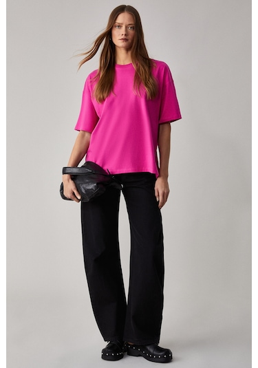 Jemmy Kadın %100 Organik Pamuk Relaxed Fit Yırtmaçlı Yuvarlak Yakalı Pembe T-Shirt