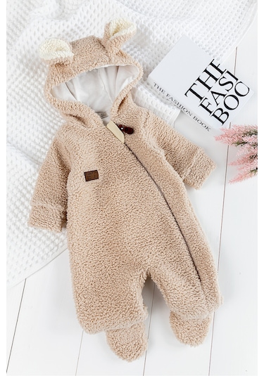 Kapüşonlu Welsoft Peluş Kışlık Kız/erkek Bebek Tulum Bej