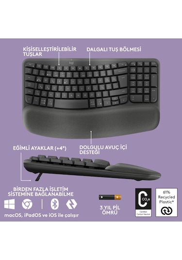Logitech Wave Keys Kablosuz Bluetooth Türkçe Q Klavye