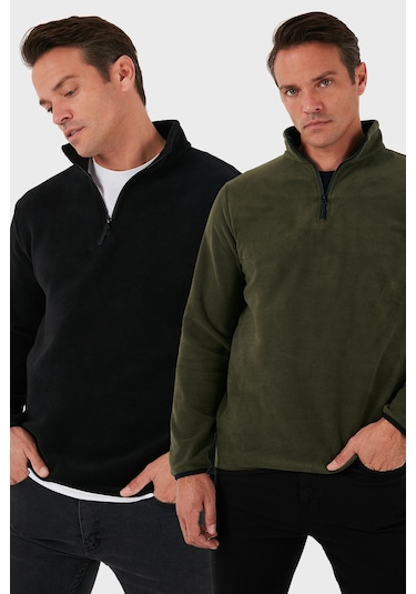 Buratti Slim Fit Yarım Fermuarlı Dik Yaka 2'Li Paket Erkek Polar 5906003S2 Haki-Siyah