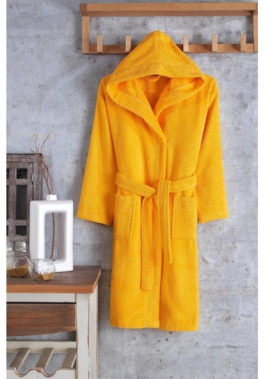 Zeynep Tekstil Pamuklu Kapşonlu Genç Bornoz Unisex Garson Boy Bornoz Sarı 11-12 Yaş Sarı