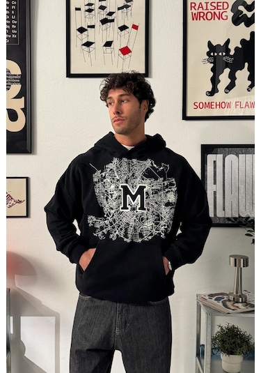Flaw M Baskılı Hoodie-28671 Sİyah