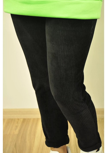 Normal Bel Fitilli Kadife Pantolon Siyah