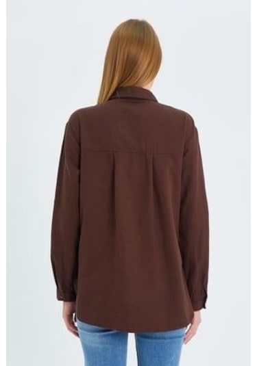 9942 Kadın Oxford Uzun Kol Basic Gömlek Kahve Kahve