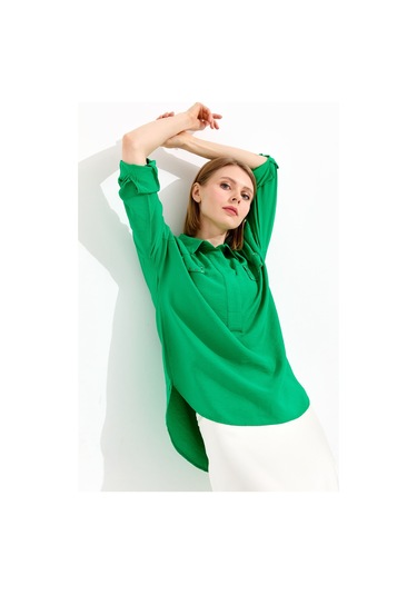 Kadın Polo Yaka Cepli Bluz Yeşil Yeşil