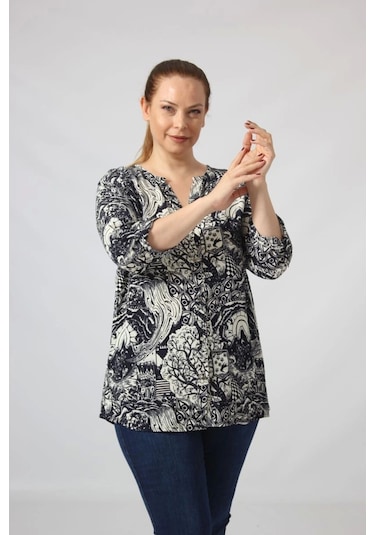 Moda Berray 3295 Lacivert Krem Karışık Desenli Viscon Kumaş Gömlek Siyah