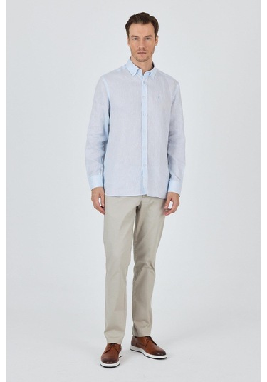 Uzun Kol Düz Keten Düğmeli Yaka Cepsiz Casual Comfort Fit Gömlek 1004250114 Mavi