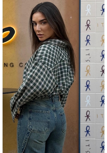 Madmext Yeşil Oversize Kareli Kadın Gömlek Mg2822