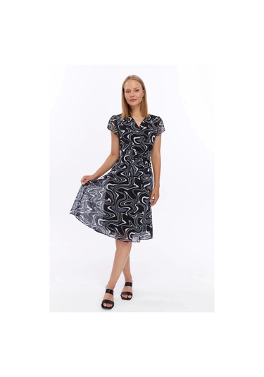 Apsen Kadın Gri Desen Kruvaze Yaka Midi Boy Şifon Elbise 4445-110 Gri