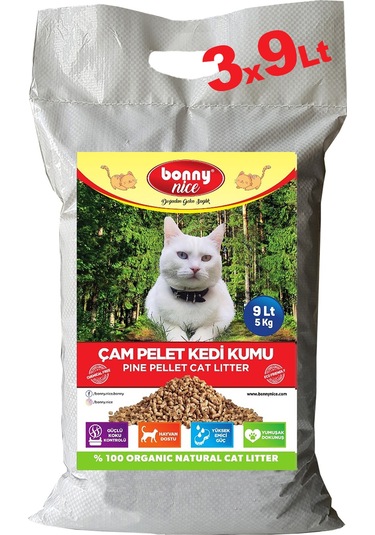 Bonny Nice Doğal Pellet Çam Peleti Kalın Kedi Kumu 3 x 9 L