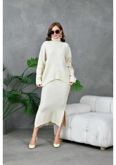 Kadın Balıkçı Yaka Oversize Kazak Uzun Etek İkili Triko Takım Taş