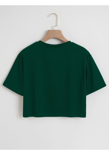 Kadın Oversize Bisiklet Yaka Düz Crop T-shirt - Yeşil