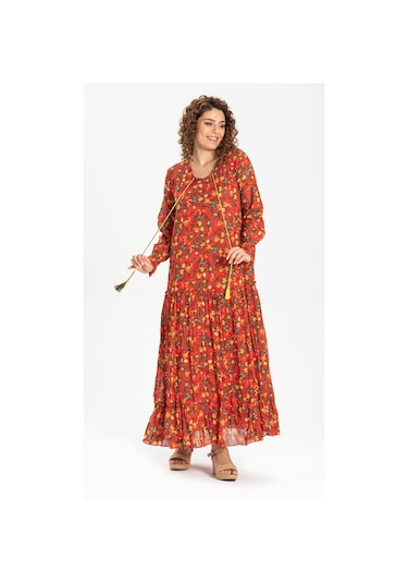 Uzun Kol Vual Gonca Uzun Elbise Tomurcuk Desen Turuncu 6168