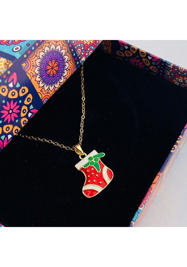 Yılbaşı Hediyelik Kolye Noel Çorabı Kolye Çelik Gold 45cm Gold