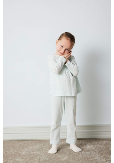 DeFacto Kız Bebek Pijama Takımı Ribana Uzun Kollu Üst Beli Lastikli Uzun Alt E0766A525SPBE61 Mavi