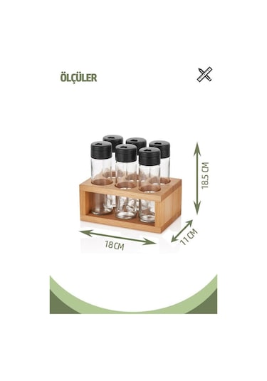 Ahşap Standlı 6'lı Cam Baharatlık Seti - Tuzluk Biberlik Baharatlık Şeffaf