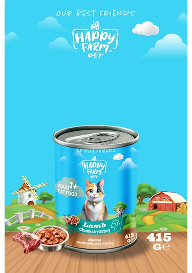 Happy Farm Yaş Kedi Maması Kuzu Etli 415 Gr 6 Adet