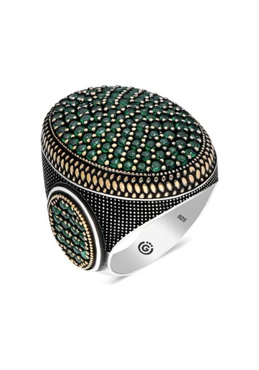 Gümüş Yeşil Zirkon Taşlı Oval Erkek Yüzük (546038536)