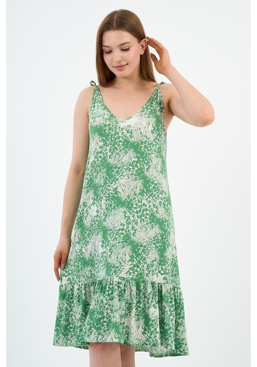Bağlama Detaylı Askılı Volanlı Elbise B24-425-01 Yeşil