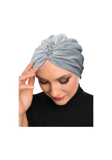 Dizayn Tüllü Kristal Taş İşlemeli Çift Taraflı Astarlı Gri Hazır Türban Tesettür Abiye Bone Gri