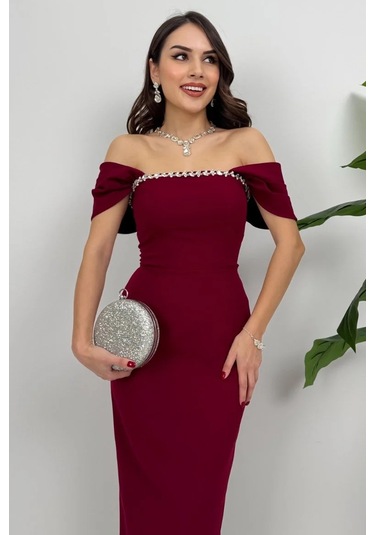 Valentia Madonna Yaka Taş İşlemeli Kalem Bordo Abiye Elbise, Zarif Davet Elbisesi Bordo