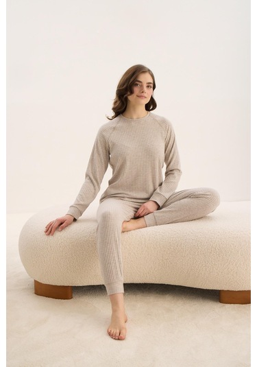 Kadın Uzun Kol Bej Mlelanj Pijama Takım C5t7n0o61 001