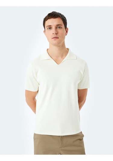 Koton Pamuklu V Polo Yaka Kısa Kollu Triko Kazak Ekru 5sam70005ht Ekru