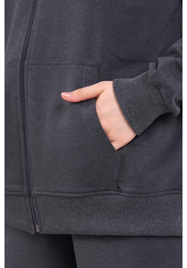 Comeor Antrasit Kanguru Cepli Kapüşonlu Fermuarlı Oversize Kadın Sweatshirt Cmrb73-antrasit Antrasit