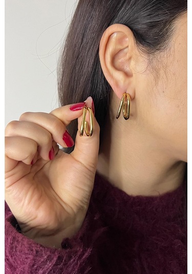 Gold Kaplama Ayrık Model Düz Çelik Küpe Gold