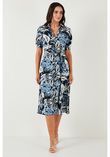 Lela Desenli Relaxed Fit Balon Kol Yırtmaçlı Kemerli Midi Boy Bayan Elbise 67810558 Saks