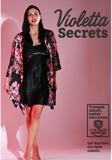 Violetta Secrets Siyah Saten Gecelik & Çiçek Desenli Sabahlık Takımı Siyah