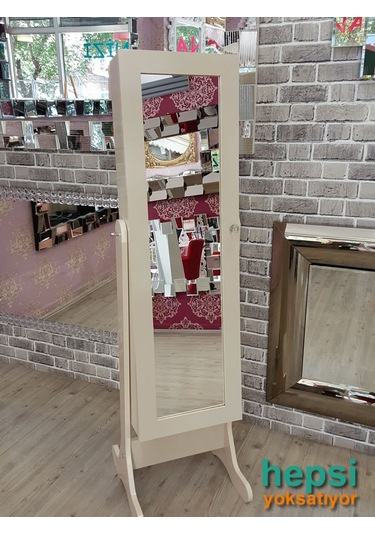 Ayna Denizi Klasik Model Krem Renk Ayaklı Boy Aynalı Takı Dolabı