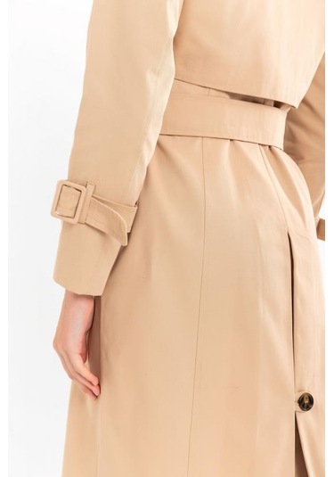 Pastelastore Pamuk Gabardin Uzun Çift Renk Garnili Kadın Trençkot 1114 Açık Bej