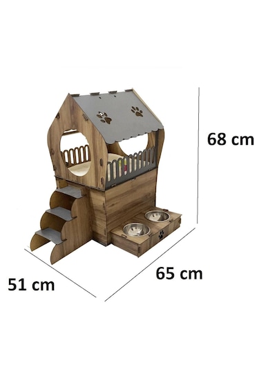 Reyo Pet Dekoratif Teraslı Kedi Evi ve Mama Kabı Seti