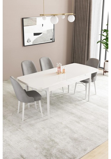 Sar Pakete Almira Serisi, Beyaz 80x132 Açılabilir Mdf Mutfak Masası Takımı 4 Adet Sandalye Gri