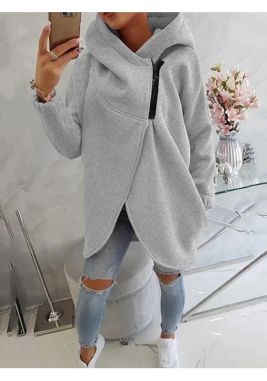Gri Kadın 3 İplik Şardonlu Kapüşonlu Ceket Asimetrik Fermuarlı Oversize Gri