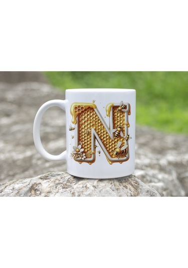 N Harfi Bal Arısı Tasarım Kupa Bardak - Bal Ve Petek Desenli Kişiye Özel Kahve Kupası - Hediyelik Beyaz