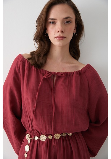 Kiremit Bağlama Detaylı Müslin Elbise - 2004 Kiremit