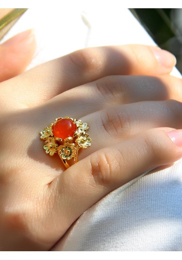 Esha Store Doğal Taş Akik Doğal Taşlı Çiçek Model Telkari Kadın Ayarlanabilir Altın Kaplama Yüzük Euy61ag Kırmızı