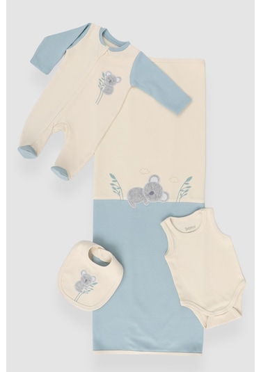 Koala Nakışlı 10 Parça Hastane Çıkışı Zıbın Seti %100 Pamuk Mavi