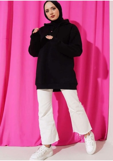 Lovie Moda Kadın Yarım Pat Düğmeli Sweatshirt Siyah